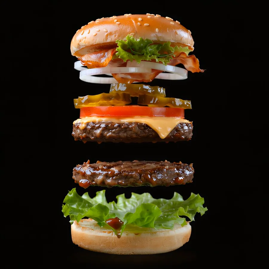 Hambúrguer aberto em camadas: pão, alface, bacon, cebola, picles, tomate, queijo, carne e pão